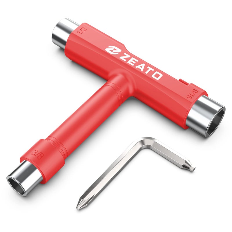 Zeato All-In-One Skate Tools Multi-function Portable Skateboard T Tool Accessory with T-type Allen Key and L-type Phillips Head Wrench Screwdriver - Red - Image 1
